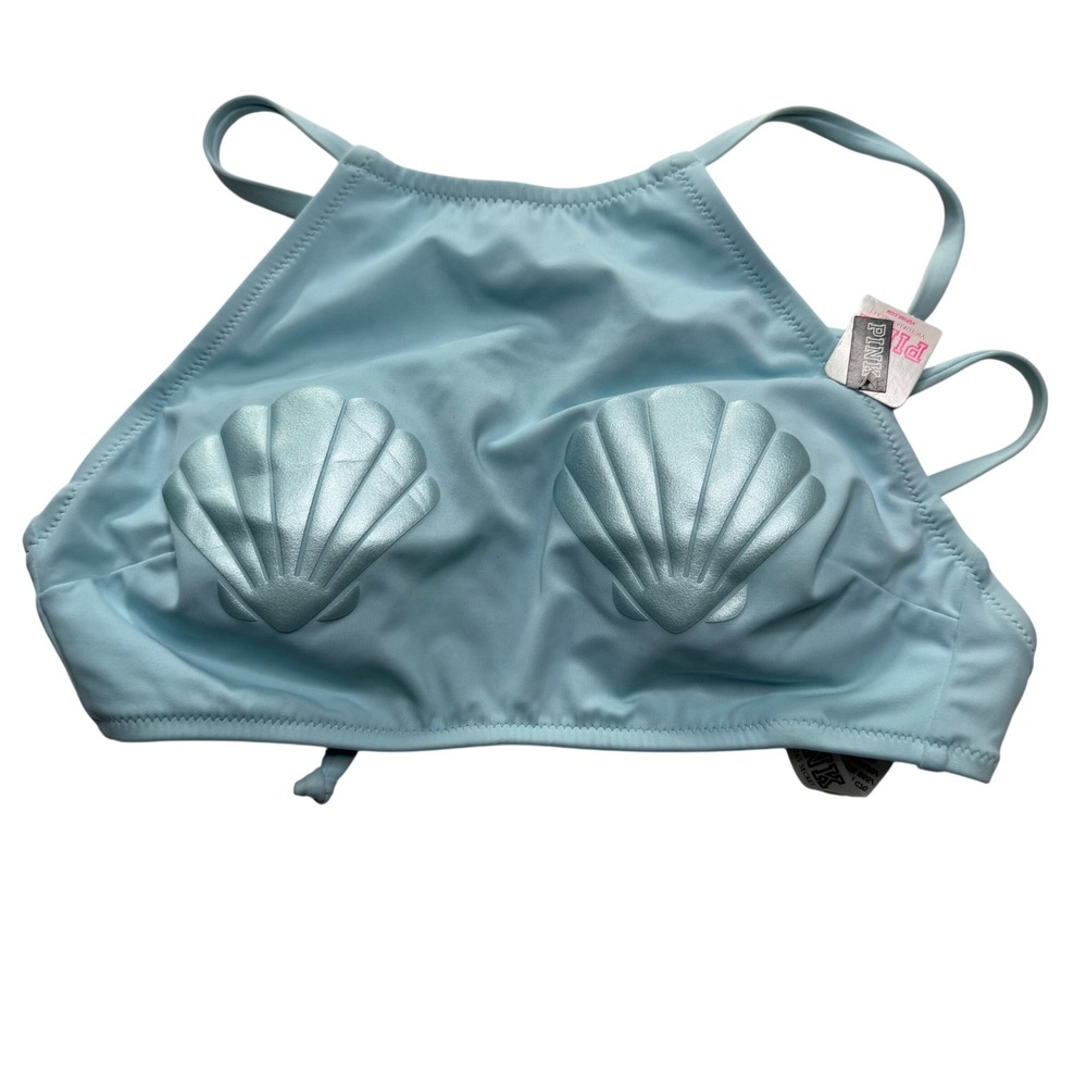 PINK Victoria's Secret Bikini Top Blue Mermaid Shell High‎ Neck Women's XS New